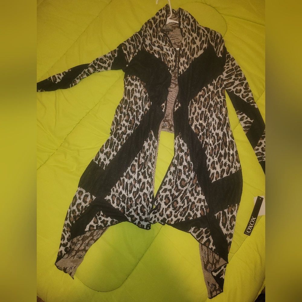 XOXO Leopard Print Open Drape Cardigan in Black & Brown